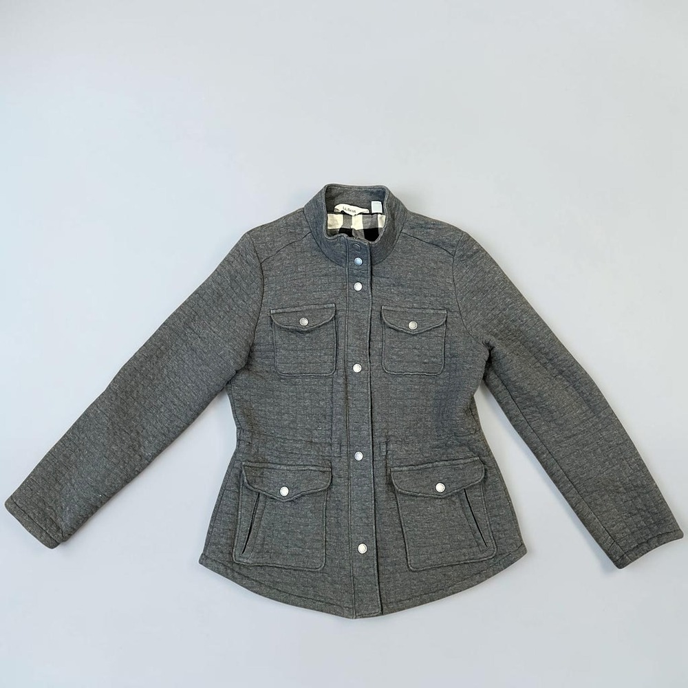 LL Bean Women Gray Quilted Utility Field Jacket Buffalo Plaid Lined size Small